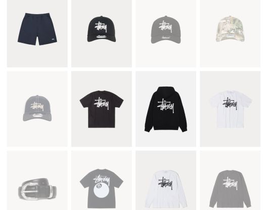스투시의 시그니처 로고가 들어간 모자, 티셔츠, 후드티 등 각종 제품들. /스투시 공식 홈페이지 캡처