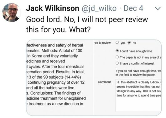 코크란의 통계 편집자이자 영국 맨체스터대 생물통계센터 소속 생물통계학자인 잭 윌킨슨이 2019년 소셜미디어에 올린 글. 그가 지적한 논문은 보건복지부 한의약산업과의 연구용역으로 3개 한방병원이 진행한 '한약(온경탕과 배락착상방) 투여 및 침구치료의 난임치료 효과규명을 위한 임상연구'다./X 캡처