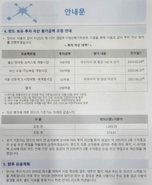 한국투자리얼에셋운용이 지난해 12월 22일 한국투자개발브릿지블라인드일반사모투자신탁1호 펀드 투자자에게 보낸 안내문. /독자 제공