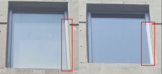 2019년 설치된 창틀 실리콘(왼쪽), 2022년 말 교체된 창틀 실리콘(오른쪽)