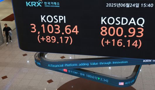 지난 24일 서울 여의도 한국거래소 현황판에 코스피와 코스닥지수 종가가 표시돼 있다. 연합뉴스