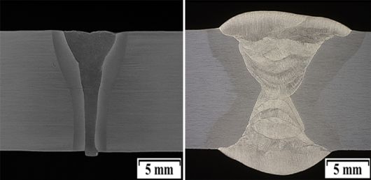용접부 단면 사진. (왼쪽)레이저-아크 하이브리드 단층용접부 (오른쪽)아크 다층용접부. 한국생산기술연구원