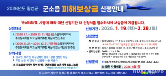 횡성군은 오는 19일부터 내달 28일까지 횡성실내체육관 1층 다목적실에서 횡성읍 29개리 1만7000여명을 대상으로  ‘2026년 군용기 소음피해 보상금’ 신청을 접수한다. 신청안내문. 횡성군 제공