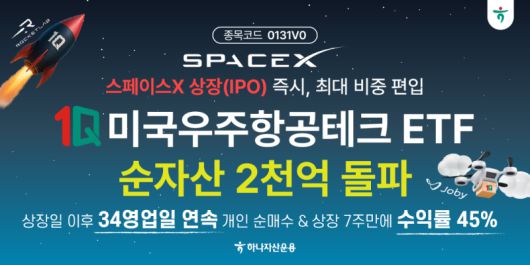 하나자산운용이 지난해 11월 상장한 ‘1Q 미국우주항공테크 ETF’가 순자산 2000억원을 돌파했다. 하나운용 제공.
