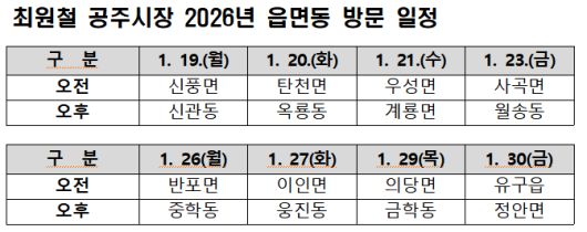 최원철 공주시장의 민선8기 마지막 읍면동 순회 방문 일정표. 공주시