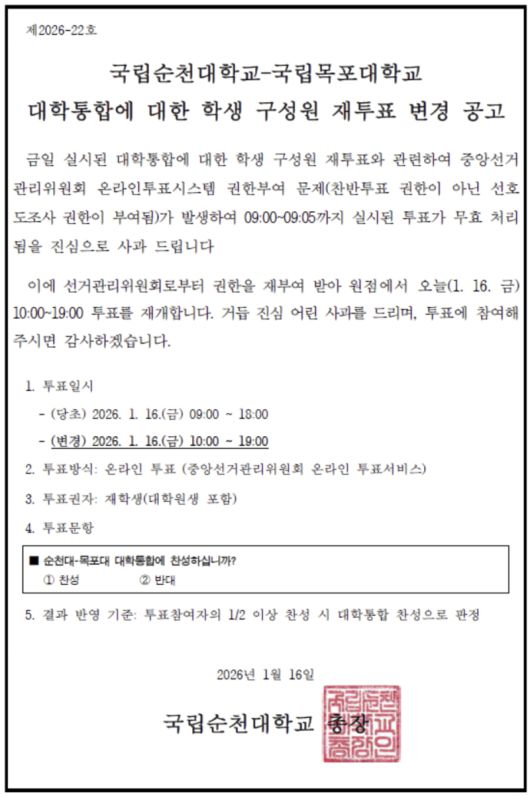 온라인으로 진행된 이날 투표 과정에서 운영 착오로 투표 시작 5분여 만에 투표가 중지됐다. ‘찬-반’ 투표가 아닌 ‘선호도 조사’로 투표를 진행했기 때문이다. 투표 중지 당시 이미 300명이 넘는 학생이 투표를 마친 상태로 확인됐다. /순천대학교