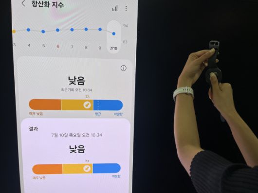 워치8의 바이오 액티브 센서에 손가락을 대고 항산화 지수를 측정하는 모습. [사진=임해정 기자]