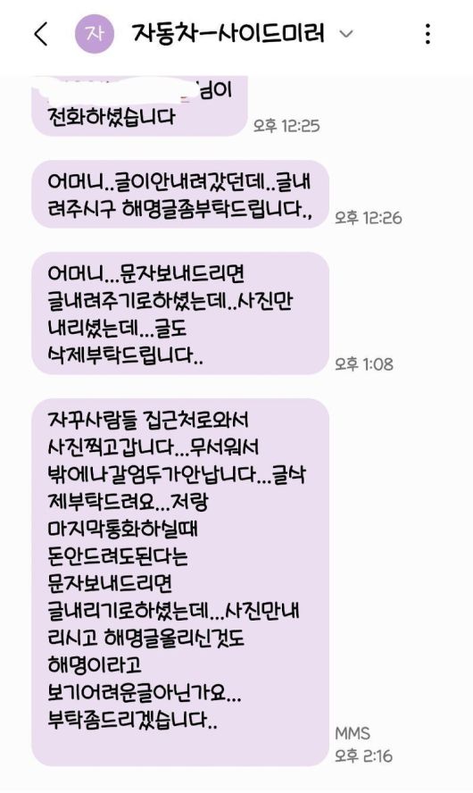 A씨에게 글 삭제를 요구하는 내용의 B씨 문자 메시지 ⓒ보배드림