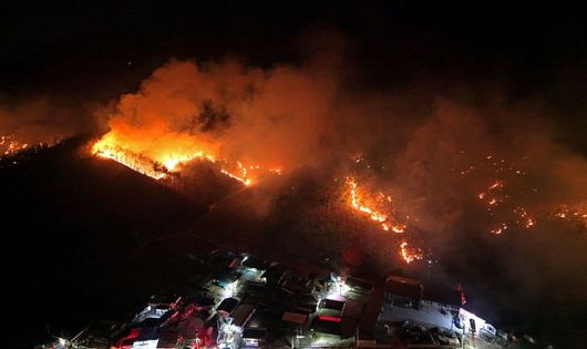 지난 26일 경북 의성군 옥산면 신계2리 기룡산서 민가 방향으로 산불이 번지고 있다. ⓒ뉴시스