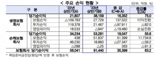 상반기 국내 보험사 주요 손익 현황. 자료=금감원