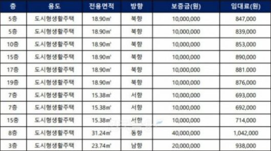 지난달 노량진 한 도시형생활주택에서 임차인 모집 공고를 냈던 매물 시세표다. 관리비는 포함되지 않은 가격이다. / 자료=온라인 커뮤니티