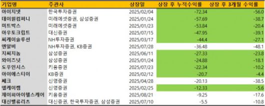 올해 상장 기업 중 상장 후 3개월 및 누적수익률 마이너스 기업./출처=금융감독원 전자공시, 한국거래소