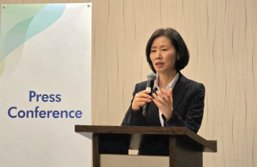 김경아 삼성에피스홀딩스 사장이 14일(현지시간) 미국 샌프란시스코에서 열리고 있는 JP모건 헬스케어 콘퍼런스에서 기자간담회를 하고 있다./사진=삼성에피스홀딩스