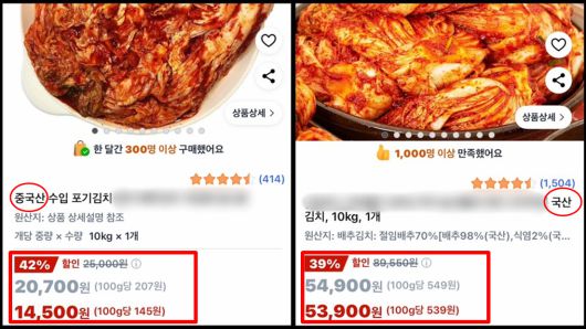 국산 김치보다 3배 이상 저렴하게 판매되고 있는 중국산 김치 [쿠팡 캡처]