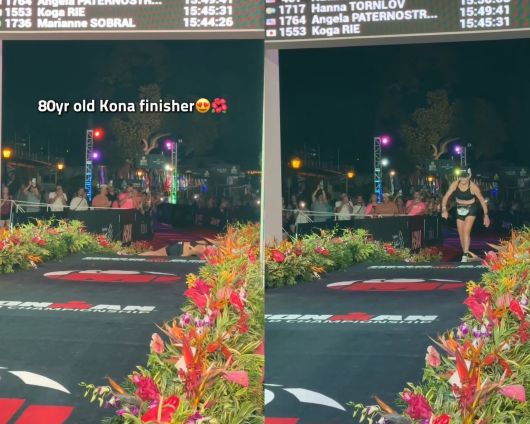 결승선 앞에서 넘어졌다가 다시 일어서는 나타리 그래보 [아이언맨 월드 챔피언십 SNS]