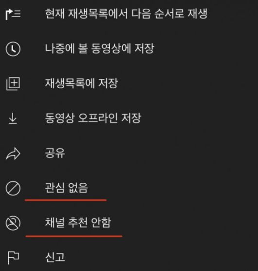 유튜브에서 설정할 수 있는 '관심 없음'과 '채널 추천 안함' / 출처: 유튜브 화면 캡처