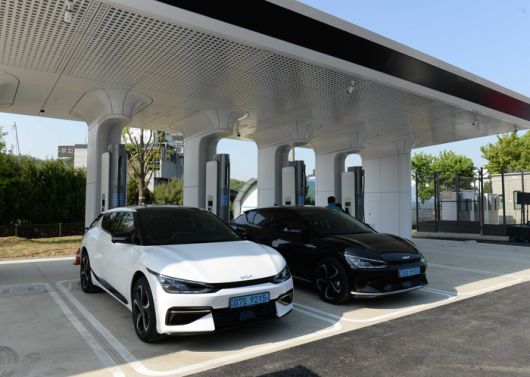 충전 중인 전기차들.