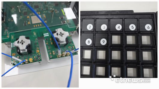 KETI가 설계한 고속 ADC, DAC 칩으로 국방 반도체를 실험 테스트하고 있다. (사진=김영호 기자)