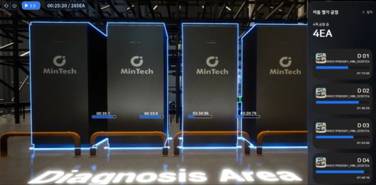 사용후 배터리가 민테크 EIS 기반 진단 장비와 연결되어 성능 평가를 진행하는 모습 시뮬레이션 (민테크 제공)