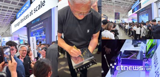 (사진 왼쪽) 어드밴텍 부스를 방문한 엔비디아 젠슨 황 CEO. (사진 가운데) 젠슨 황 CEO가 어드밴텍의 최신 엣지 AI 시스템 'MIC-743'에 사인하고 있다.