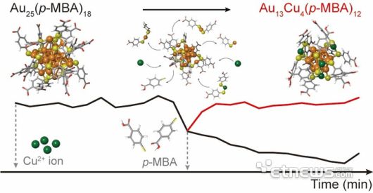 금 나노클러스터에서 합금 나노클러스터로의 분해 및 재조립 과정 모식도