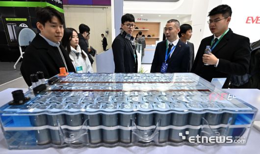 지난 3월에 열린 국내 최대 배터리 전시회 인터배터리 2025에서 참관객이 중국 EVE에너지의 액침냉각 시스템을 살펴보고 있다.  이동근기자 foto@etnews.com