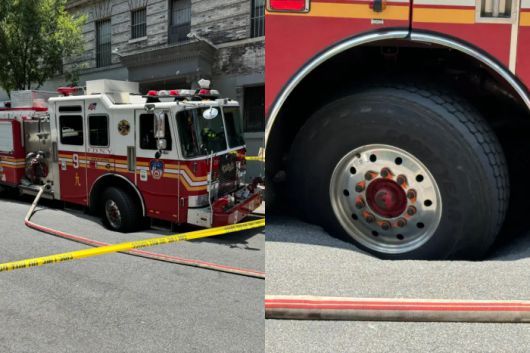 지난 25일(현지시간) 미국 뉴욕 맨해튼에서 폭염으로 아스팔트가 녹아 소방차 앞바퀴가 빠진 모습. 사진=뉴욕포스트 캡처