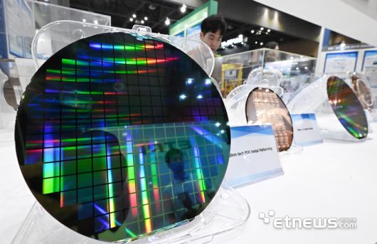 나노코리아2025가 '더 나은 미래를 만드는 나노기술'을 주제로 2일 경기 고양시 킨텍스에서 열렸다. 참관객이 한국나노기술원의 시스템반도체 웨이퍼를 살펴보고 있다.  이동근기자 foto@etnews.com