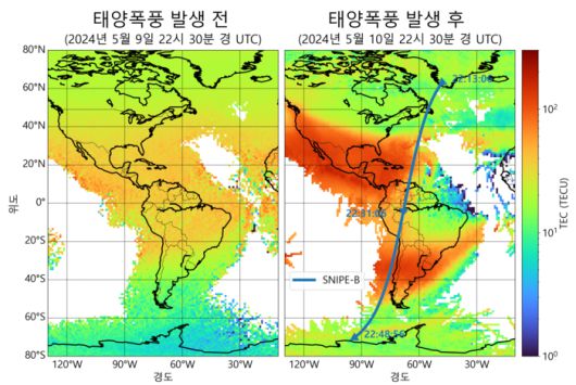 태양폭풍 발생 전과 후의 전리권 비교도. 태양폭풍 발생 후에 중위도 지역에서 높은 플라즈마 밀도가 관측됨을 알 수 있다. (천문연 제공)