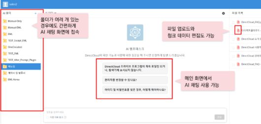 스마트 채팅방 기능. 동일 폴더 내에서도 주제별·프로젝트별 채팅방을 분리 운영해 문맥 혼동을 방지하고, 답변 정확도와 대화 히스토리 관리 효율성을 동시에 향상한다.