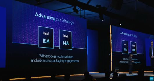 립부 탄 인텔 최고경영자(CEO)가 4월 29일(현지시간) 미국 캘리포니아주 새너제이 컨벤션센터에서 열린 '인텔 파운드리 포럼 2025' 기조연설에서 인텔 18A와 14A 공정을 설명하고 있다.