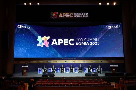 31일 경북 경주 예술의전당에서 열린 APEC 최고경영자 서밋 내 '아시아 퍼시픽 LNG 커넥트' 세션에서 패널 토론을 진행하고 있다. 왼쪽부터 오카모토 스나오 오사카가스 LNG글로벌 총괄, 네이선 윌 프리포트 LNG 최고사업책임자(CCO), 추형욱 SK이노베이션 대표이사, 케이스케 사다모리 국제에너지기구 에너지시장·안보국장, 해롤드 햄 컨티넨탈 리소시스 명예회장, 주영준 한화퓨처프루프 사업담당 사장, 애리얼 핸들러 넥스트데케이드 수석부사장. [자료:SK이노베이션]