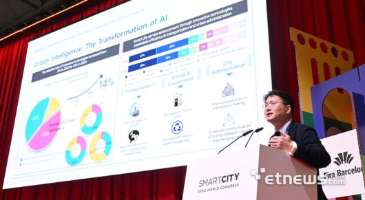 이정훈 연세대 정보대학원 교수가 6일(현지시간) 스페인 바르셀로나에서 열린 '스마트시티 엑스포 월드 콩그레스 2025(SCEWC 2025)'에서 'A Quest for a New Smart City Journey: How Cities are Reshaping Urban Futures through AI'(새로운 스마트 시티 여정을 향한 탐구: AI를 통해 도시가 도시의 미래를 어떻게 재편하고 있는가)를 주제로 기조강연 했다. 바르셀로나=박지호기자 jihopress@etnews.com