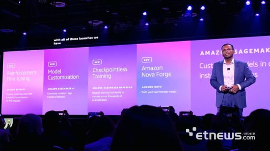 3일(현지시간) 스와미 시바수브라마니안 AWS 에이전틱 AI 담당 부사장이 미국 라스베이거스에서 열린 AWS 리인벤트 2025 키노트 세션에서 AI 에이전트를 효율적으로 구축하도록 돕는 신기능을 발표하고 있다. [사진=현대인 기자]