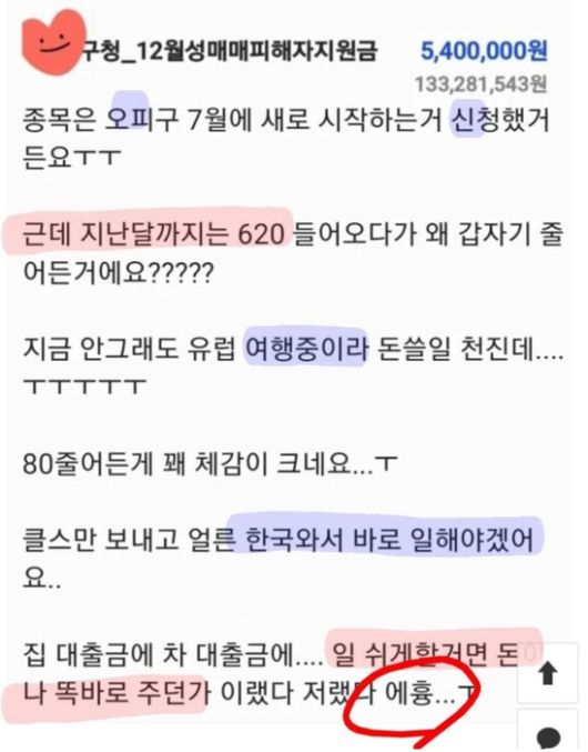 탈성매매 여성이 온라인에 올린 글. 사진=SNS