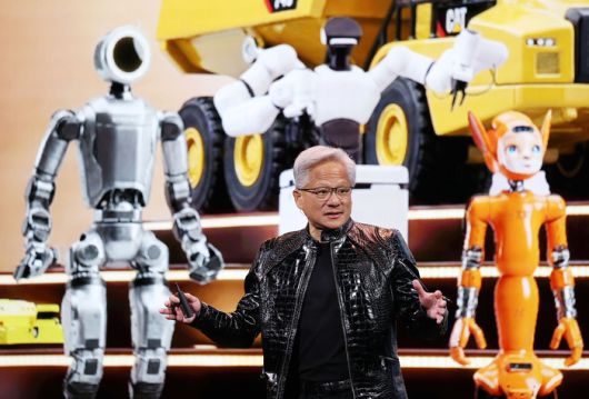 젠슨 황 엔비디아 최고경영자(CEO)가 5일(현지시간) 미국 네바다주 라스베이거스 퐁텐블로 호텔에서 열린 엔비디아 CES 2026 라이브에서 로봇 관련 연설을 하고 있다. 연합뉴스