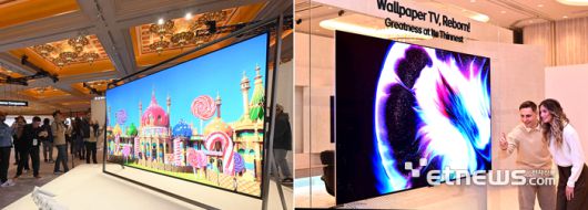 세계 최대 가전·정보기술(IT) 전시회 'CES 2026' 개막을 앞두고 삼성전자와 LG전자가 TV 신제품을 공개했다. 4일(현지시간) 미국 네바다주 라스베이거스 윈 호텔에서 열린 삼성전자 더 퍼스트 룩 2026에서 공개된 마이크로 RGB TV(왼쪽). 같은 날 퐁텐블로 호텔에서 열린 더 프리뷰 쇼에서 공개된 9mm대 무선 월페이퍼 TV 'LG 올레드 에보 W6' 라스베이거스=이동근기자 foto@etnews.com·LG전자 제공