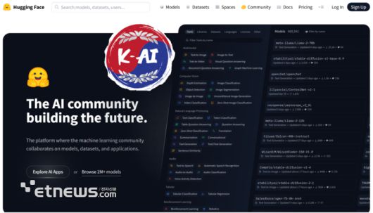 허깅페이스 홈페이지 메인화면과 독자 AI 파운데이션 모델(K-AI) 로고.