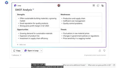 \'비즈니스 챗\'을 통해 SWOT 분석을 하는 모습/사진=MS 행사 영상 캡처