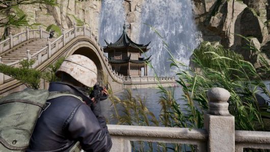 '틴 룽 가든'의 정자와 폭포를 바라보고 있는 모습. / 사진=크래프톤 제공