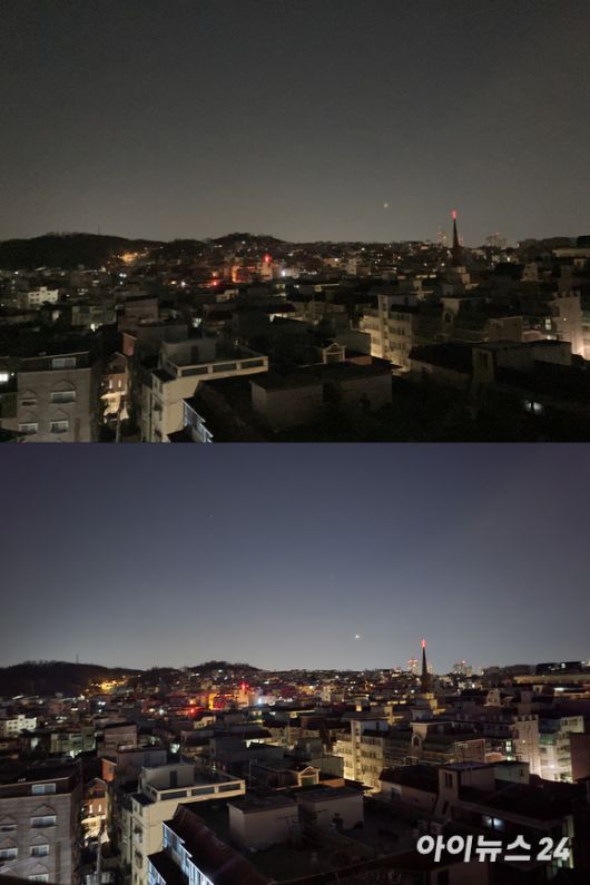 아이폰SE3(위)와 갤럭시Z플립3로 촬영한 야경 [사진=서민지 기자]