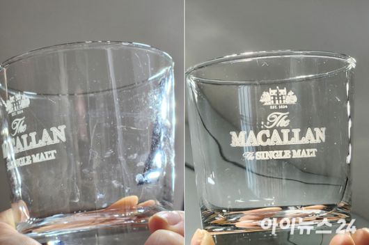 식기세척기 사용 전(왼쪽)과 후 유리컵을 조명에 비춘 모습. 식기세척기 사용 후 물얼룩이 많이 줄어든 것을 확인할 수 있다. [사진=서민지 기자]