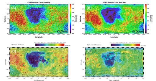 KGRS 중성자 지도(A, B)와 루나 프로스펙터 열중성자지도(C), 열외중성자지도(D). [사진=지질자원연]