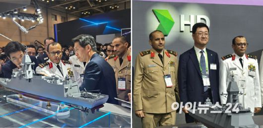 모하마드 알 가리비 사우디아라비아 해군참모총장을 비롯한 주요 군 고위 관계자들이 한화, HD현대 등 부스를 돌며 제품 설명을 듣고있다. [사진=최란 기자]