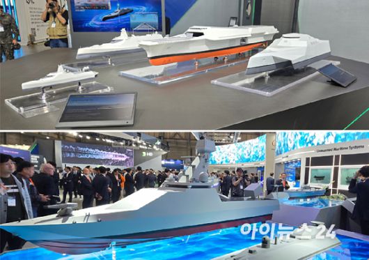 HD현대중공업의 미래함정 콘셉트 'HCX 시리즈'(위)와 한화의 전투용 무인수상정. [사진=최란 기자]