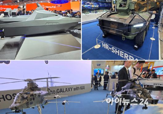 LIG넥스원의 '해검-X'(왼쪽 위부터 시계방향)와 현대로템의 'HR-셰르파', KAI의 MUM-T. [사진=최란 기자]