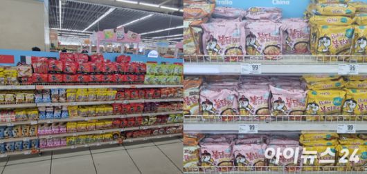 아시아 3위 규모 복합 쇼핑몰 '몰 오브 아시아'에 입점한 SM 하이퍼마켓에 진열된 한국 라면 제품들. [사진=전다윗 기자]