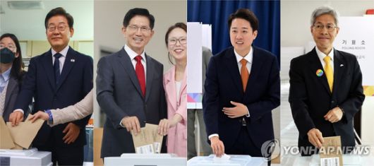 제21대 대통령선거 사전투표 첫날인 29일 더불어민주당 이재명 후보가 서울 서대문구 신촌동 주민센터 사전투표소에서 청년들과(왼쪽부터), 국민의힘 김문수 후보가 인천 계양구 계양1동 주민센터에서 딸 김동주 씨와, 개혁신당 이준석 후보가 경기도 화성시 동탄9동 행정복지센터에서, 민주노동당 권영국 후보가 전남 여수시 주암마을회관에서 각각 사전투표를 하고 있다. 2025.5.29 [사진=연합뉴스]