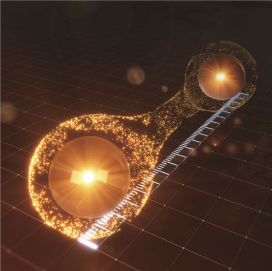 국내 연구팀이 개발한 양자거리 측정 개념도. 두 개의 노란 공은 전자이다. 그 아래 흰색 눈금은 거리를 측정한다는 의미로 ‘자’를 표현한 것이다. [사진=연세대]