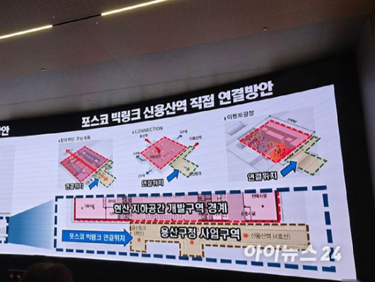 포스코이앤씨가 제안한 용산정비창 전면1구역과 신용산역 연결방안. [사진=이수현 기자]